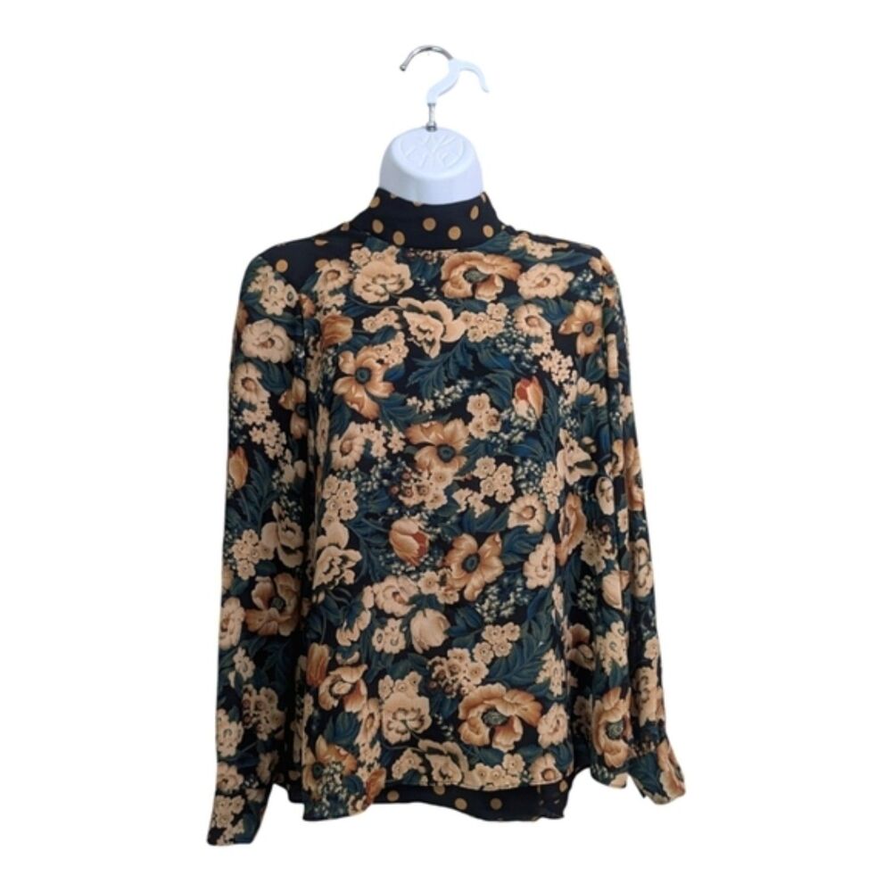 Zara Woman Black Tan Chiffon Floral Polka Dot Top Blouse Mock Neck Long Sleeve S